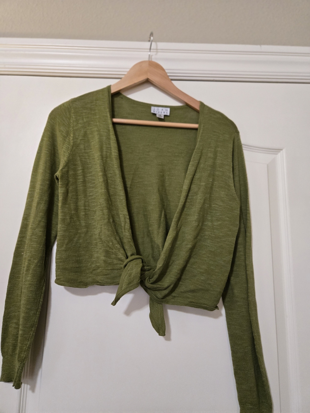 Joan Rivers Olive Green Tie-Front Cropped Cardigan Soft Fall Layering